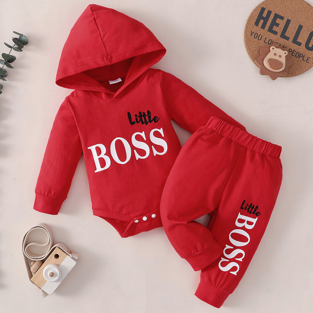 【0M-24M】2-piece Baby Boy Letter Print Long-sleeved Hooded Romper And Pants Set 【0M-24M】2-piece Baby Boy Letter Print Long-sleeved Hooded Romper And Pants Set