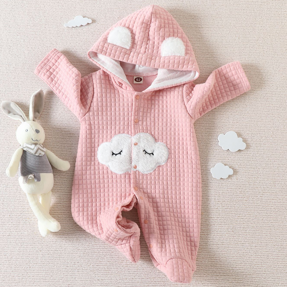 【0M-9M】Baby Girl Pink Thick Cloud Embroidered Long Sleeve Hooded Romper