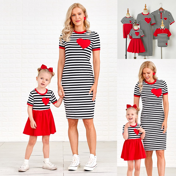 Casual Striped Red Heart-shaped Embroidery Family Matching Outfits - 1361