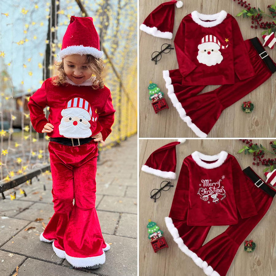 【12M-7Y】3-piece Girls Sweet Red Velvet Christmas Print Plush Top And Flare Pants Set - 34252