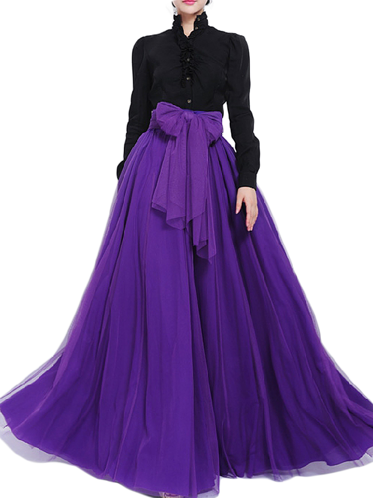 Bow Belt Solid Color Mesh Tulle Pleated High Waist Women Maxi Skirt