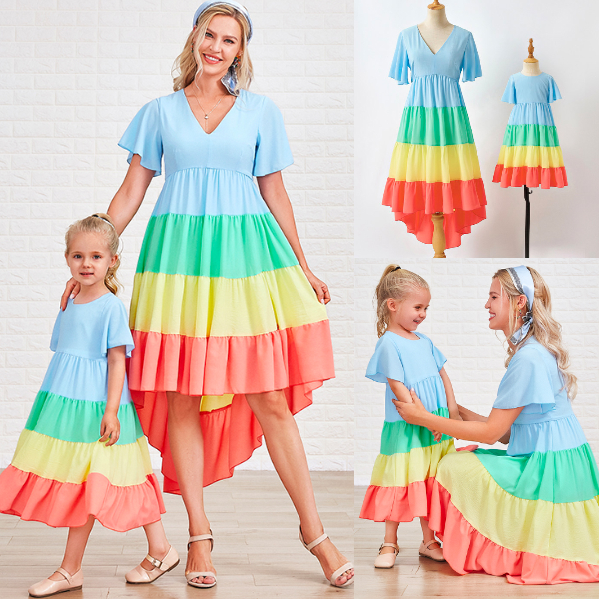Sweet Color Block Short Sleeve Mom Girl Matching Dress - 1305
