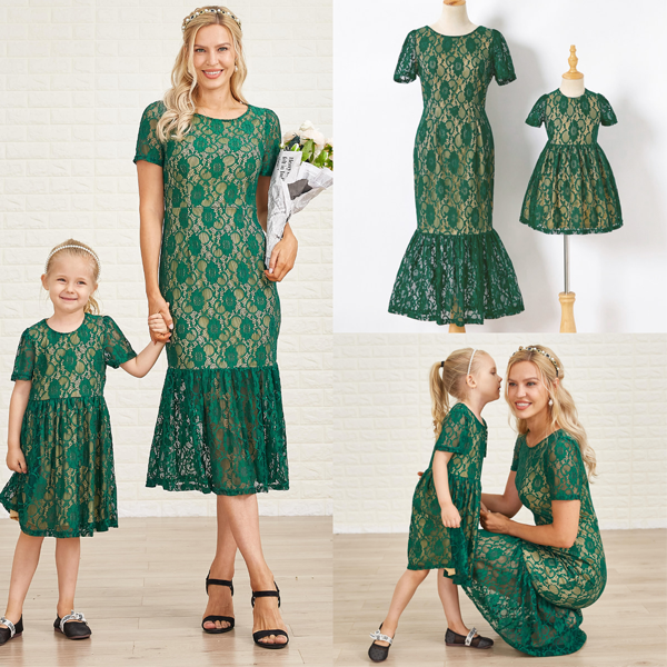 Sweet Green Lace Mom Girl Matching Dress