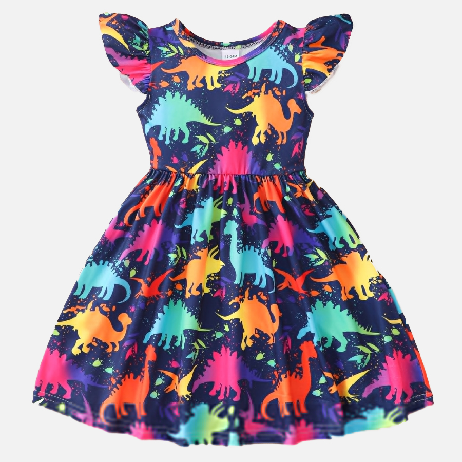 【18M-8Y】Girl Summer Cute Royal Blue Colorful Dinosaur Ruffle Dress