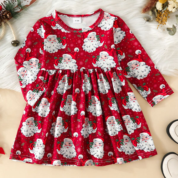 【9M-4Y】Girl Cute Christmas Santa Claus Print Long Sleeve Dress