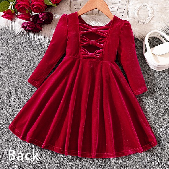 【18M-6Y】Girls Sweetheart Back Bow Red Velvet Dress
